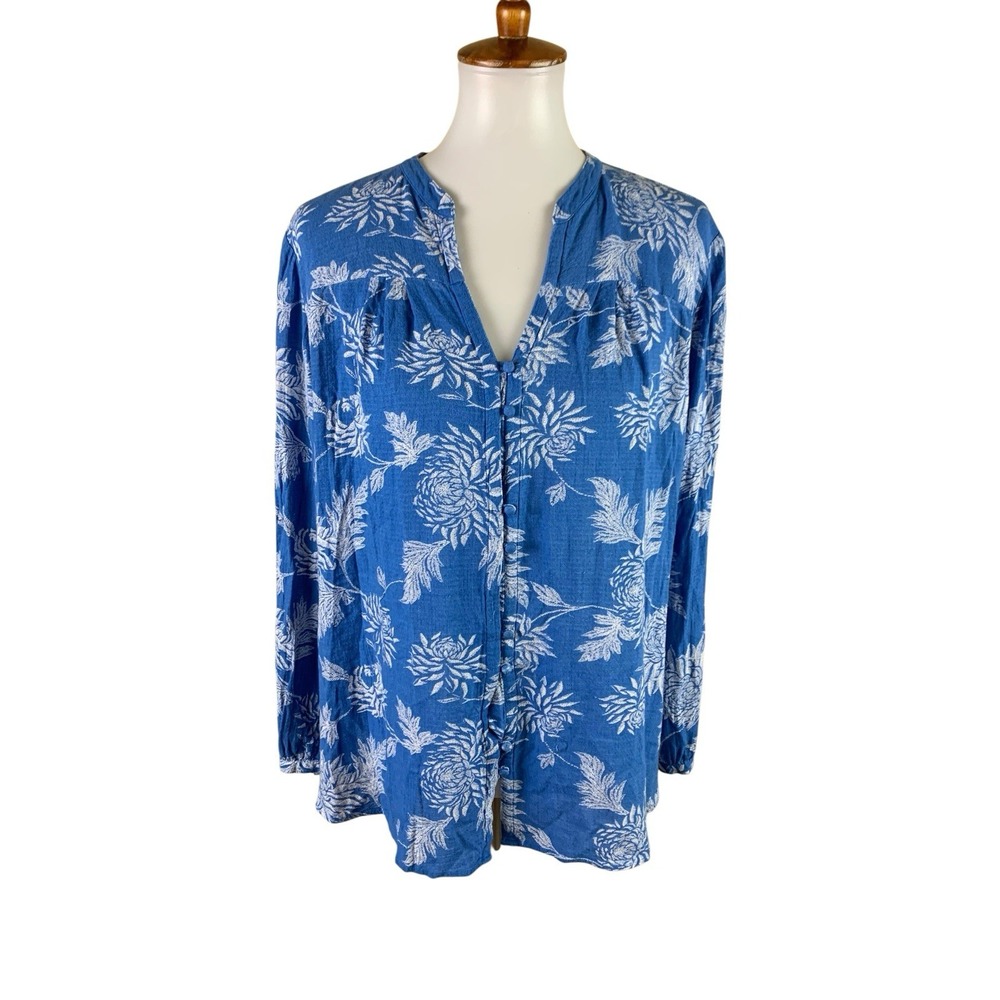 Lucky Brand XL Blue Floral Boho Blouse Coastal Cottagecore Relaxed Tunic